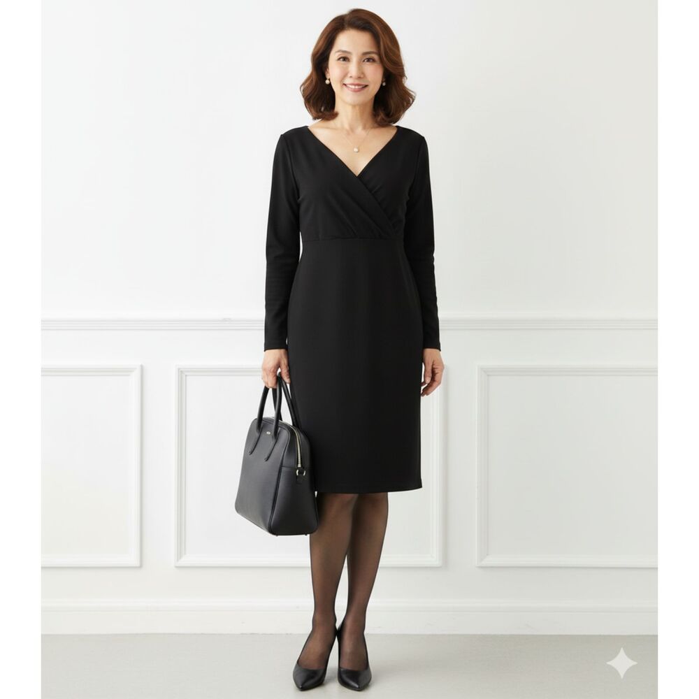 TALBOTS black ponte knit dress faux wrap long sleeve 14 office basic profession